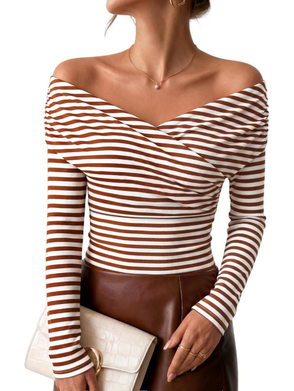 Women Stripe Brown Off Shoulder Neck Front Ribbed Long Sleeve Casual T-shirt Top